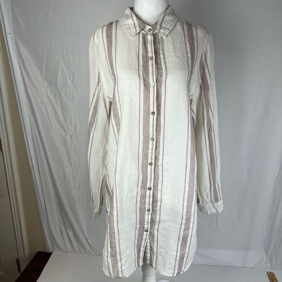 Jones New York 100% Linen White Striped Long Sleeve Tunic Button Down Up Women’s - Picture 16 of 16